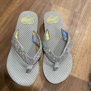 Juicy Couture wedge glitter flip flops